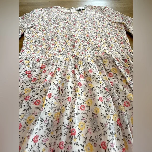 Ganni Floral Babydoll Mini Dress Long Sleeve Ditsy Print Pleated